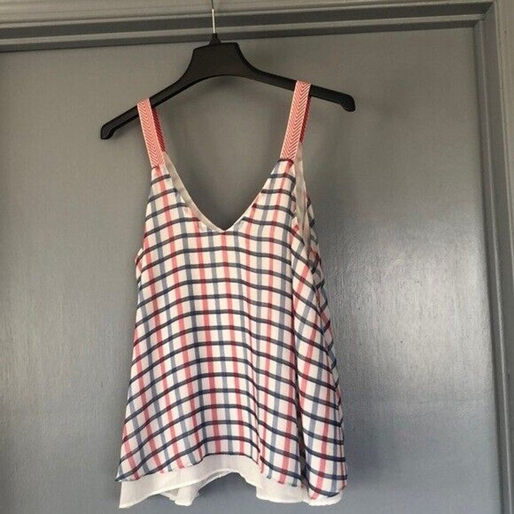UMGEE Women's Sleeveless V-Neck Red White Blue Tank Top Sz L Lined Swing Flare